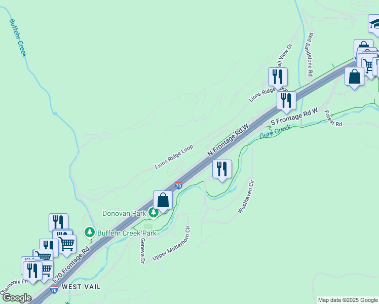 map of restaurants, bars, coffee shops, grocery stores, and more near 1280 North Frontage Road West in Vail