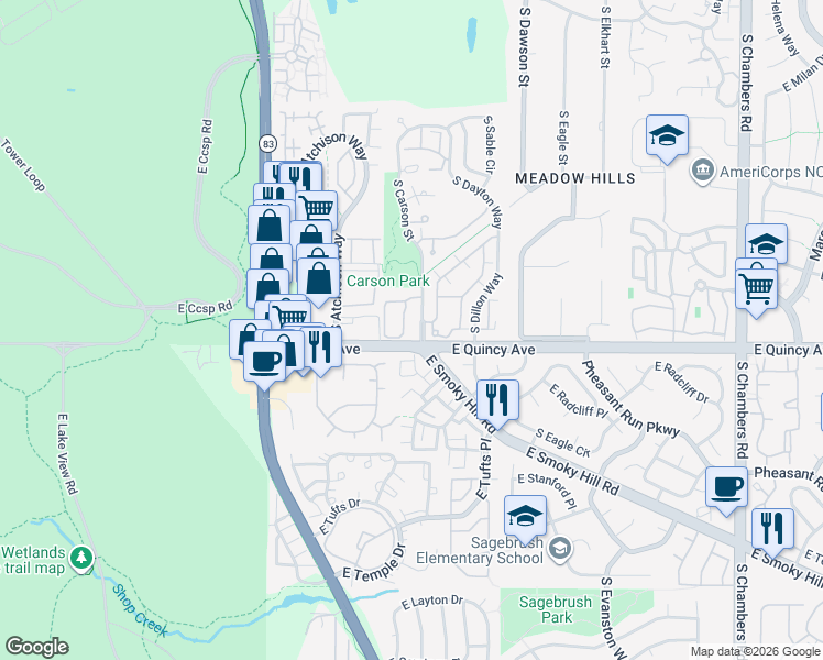 map of restaurants, bars, coffee shops, grocery stores, and more near 4251 South Blackhawk Circle in Aurora