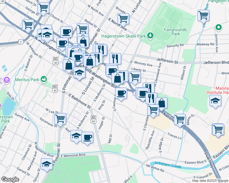 map of restaurants, bars, coffee shops, grocery stores, and more near 15 South Cannon Avenue in Hagerstown