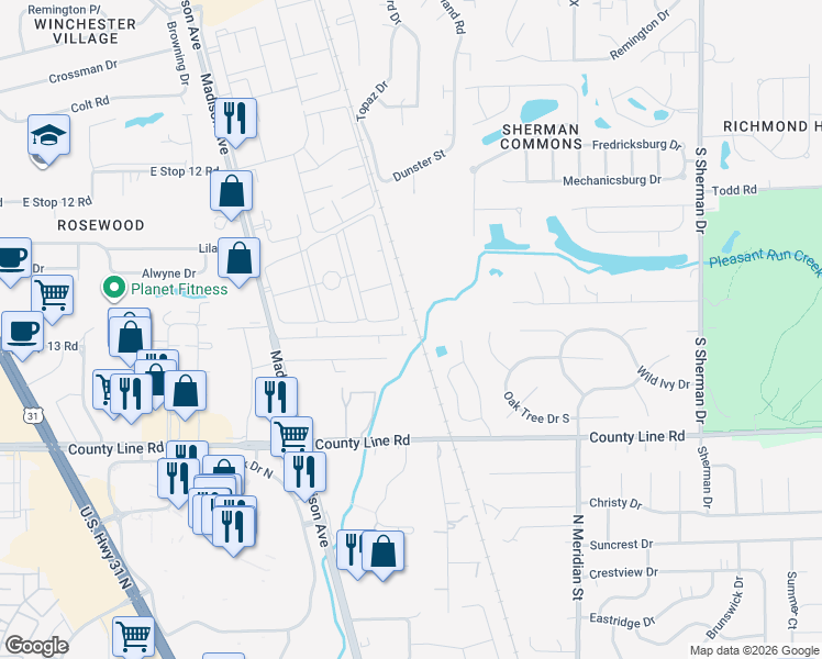 map of restaurants, bars, coffee shops, grocery stores, and more near 2926 Country Estates Drive in Indianapolis