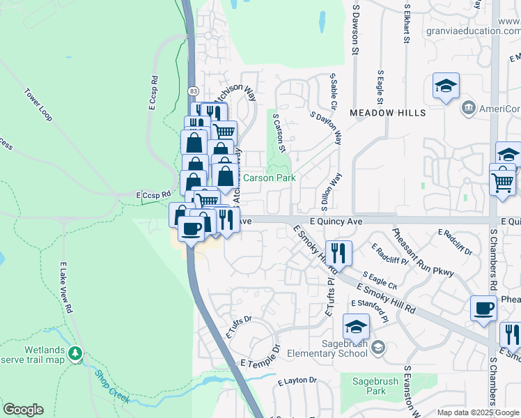 map of restaurants, bars, coffee shops, grocery stores, and more near 14055 East Quincy Avenue in Aurora