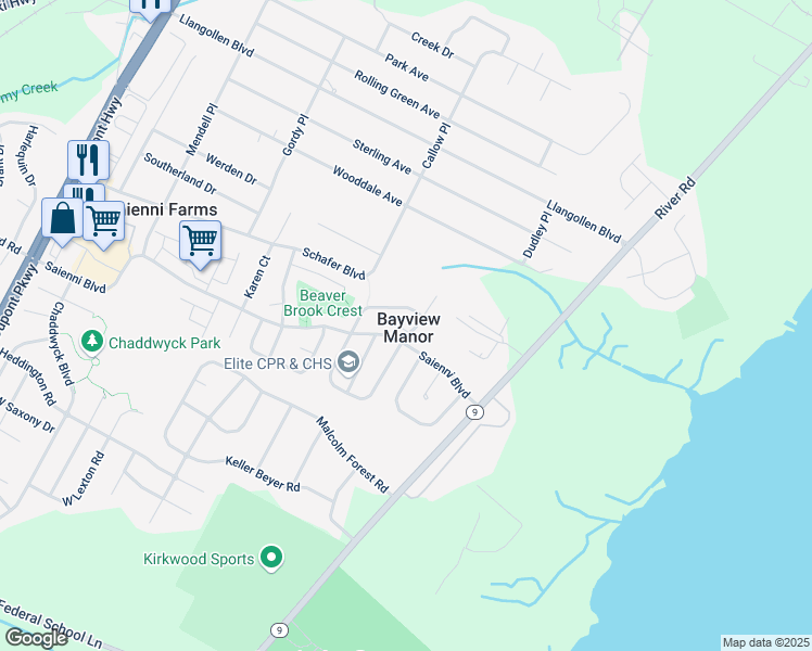 map of restaurants, bars, coffee shops, grocery stores, and more near 5 Mallory Court in New Castle