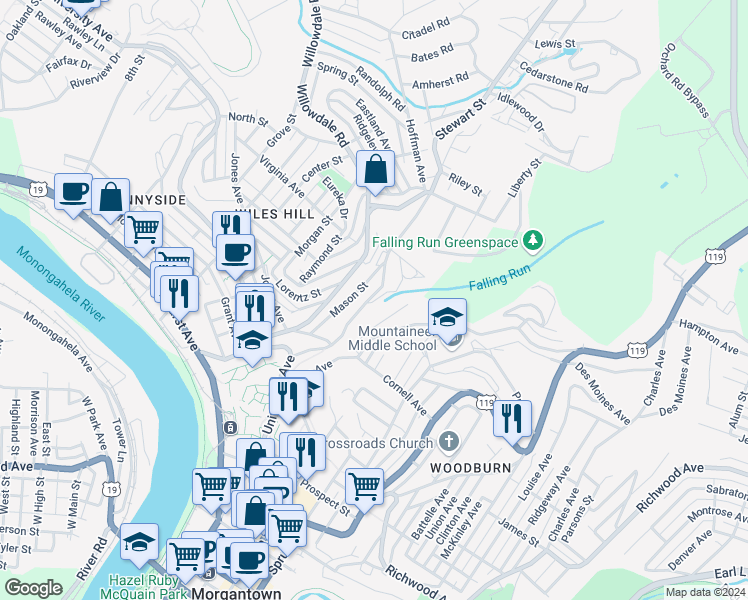 map of restaurants, bars, coffee shops, grocery stores, and more near 452 Protzman Street in Morgantown