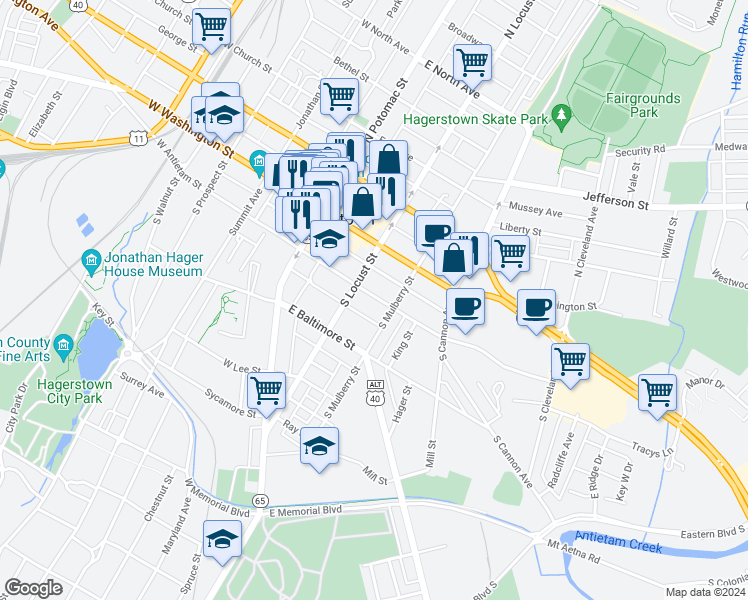 map of restaurants, bars, coffee shops, grocery stores, and more near 123 East Antietam Street in Hagerstown