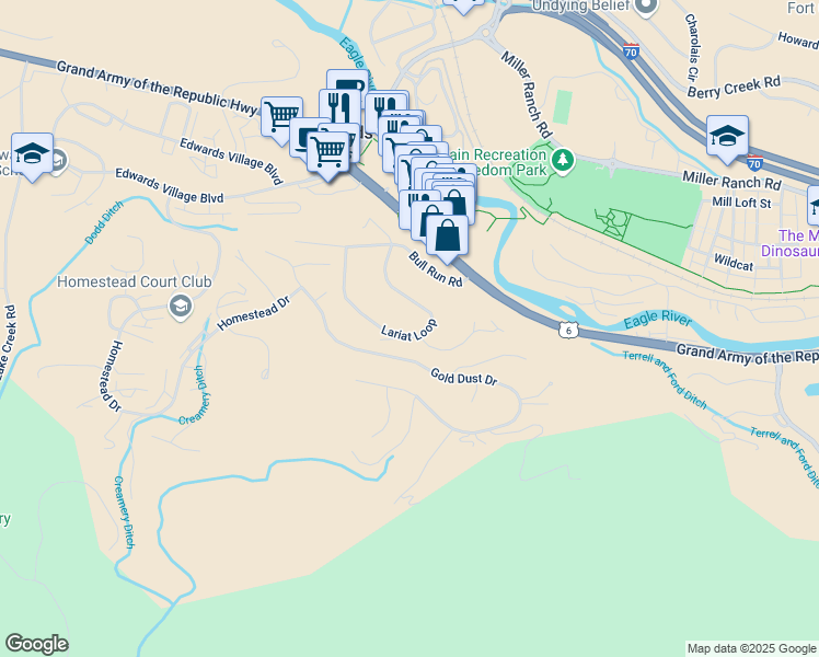 map of restaurants, bars, coffee shops, grocery stores, and more near 333 Lariat Loop in Edwards