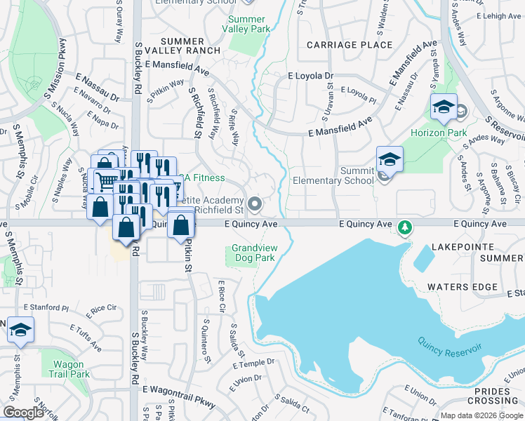 map of restaurants, bars, coffee shops, grocery stores, and more near 4290 South Richfield Street in Aurora