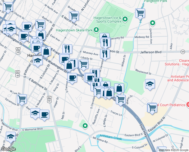 map of restaurants, bars, coffee shops, grocery stores, and more near 428 East Washington Street in Hagerstown