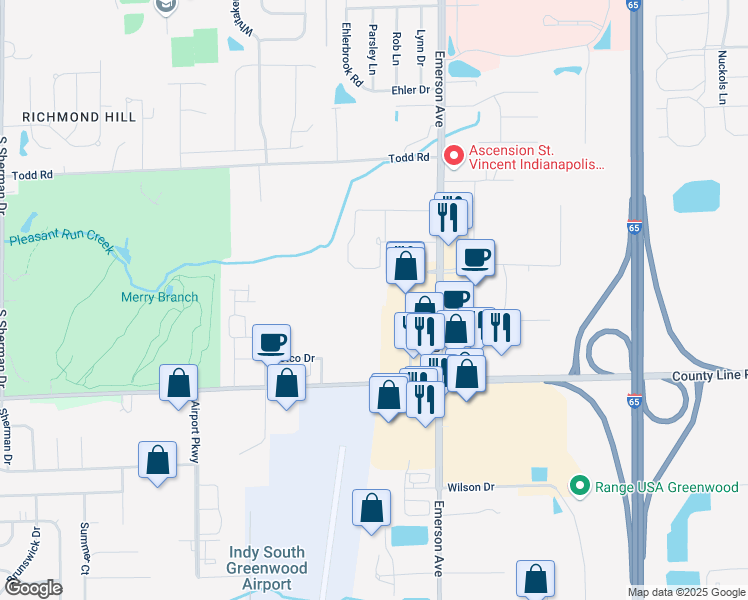 map of restaurants, bars, coffee shops, grocery stores, and more near 4900 East County Line Road in Indianapolis