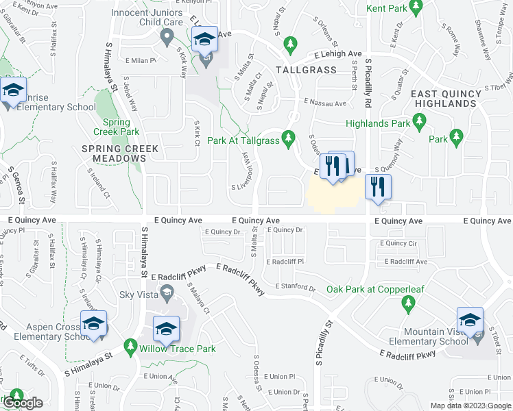 map of restaurants, bars, coffee shops, grocery stores, and more near 21270 East Princeton Place in Aurora