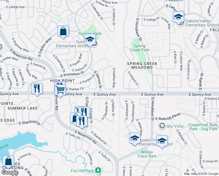 map of restaurants, bars, coffee shops, grocery stores, and more near 4275 South Halifax Way in Aurora
