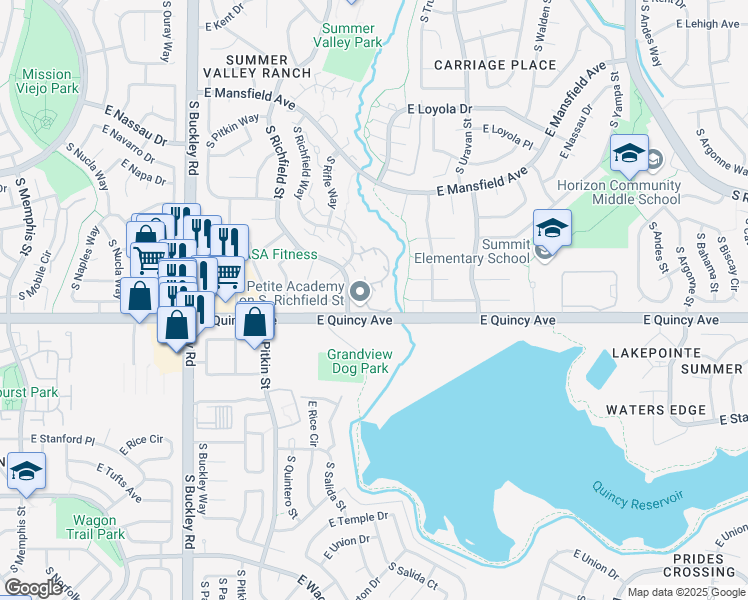 map of restaurants, bars, coffee shops, grocery stores, and more near 4290 South Richfield Street in Aurora
