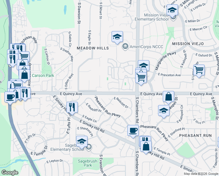 map of restaurants, bars, coffee shops, grocery stores, and more near 4282 South Fairplay Circle in Aurora