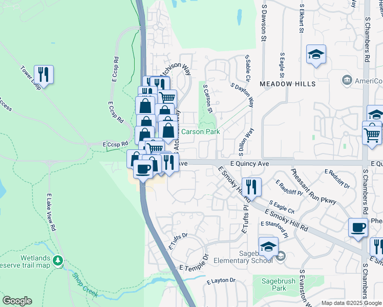 map of restaurants, bars, coffee shops, grocery stores, and more near 14055 East Quincy Avenue in Aurora