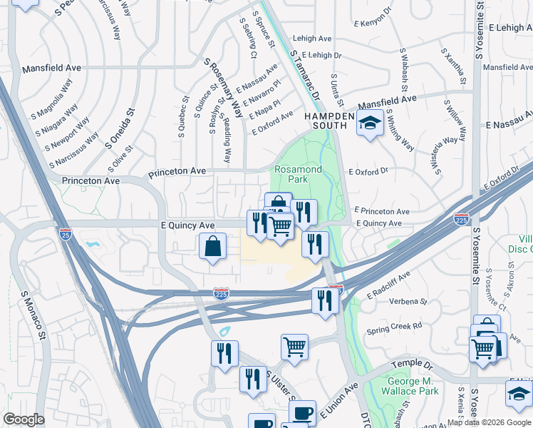 map of restaurants, bars, coffee shops, grocery stores, and more near 7756 East Quincy Avenue in Denver