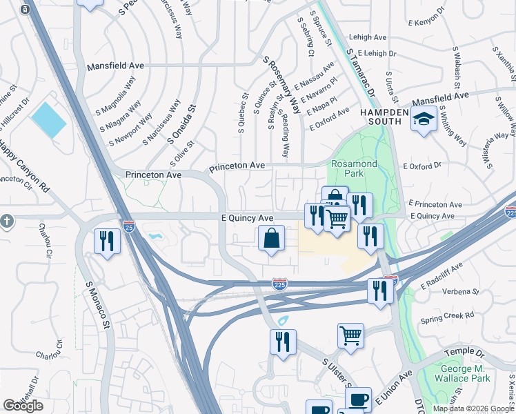 map of restaurants, bars, coffee shops, grocery stores, and more near 7455 East Quincy Avenue in Denver