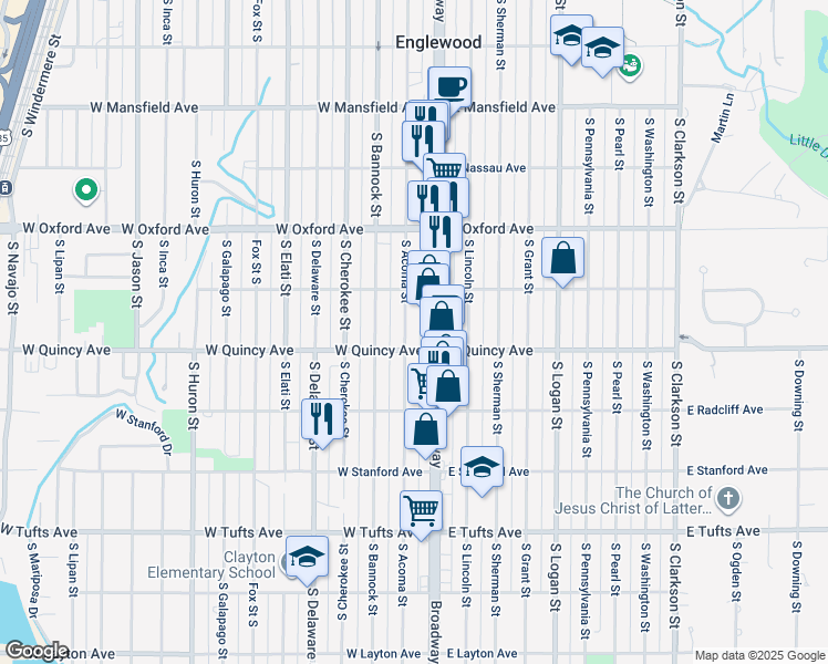 map of restaurants, bars, coffee shops, grocery stores, and more near 4275 South Broadway in Englewood