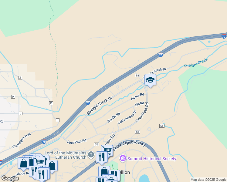 map of restaurants, bars, coffee shops, grocery stores, and more near 445 Straight Creek Drive in Dillon