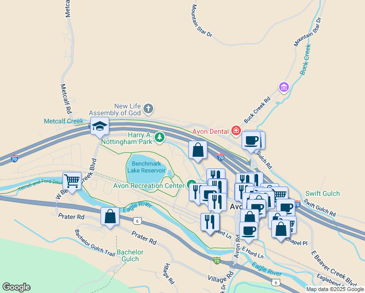 map of restaurants, bars, coffee shops, grocery stores, and more near 310-344 W Beaver Creek Blvd in Avon