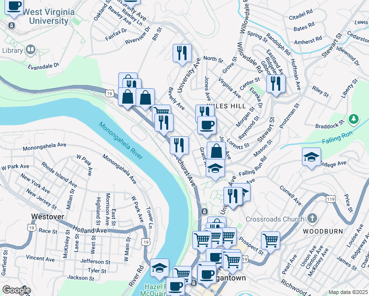 map of restaurants, bars, coffee shops, grocery stores, and more near 217 McLane Avenue in Morgantown