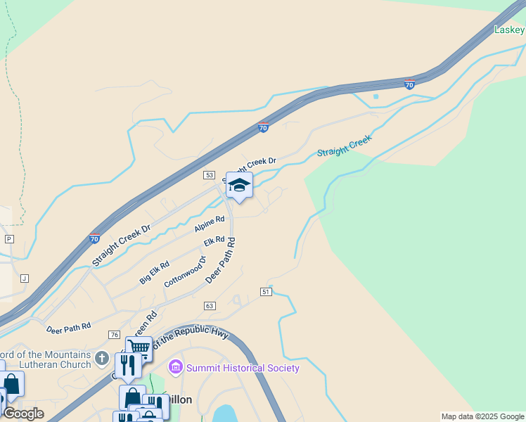 map of restaurants, bars, coffee shops, grocery stores, and more near 600 Alpine Road in Dillon