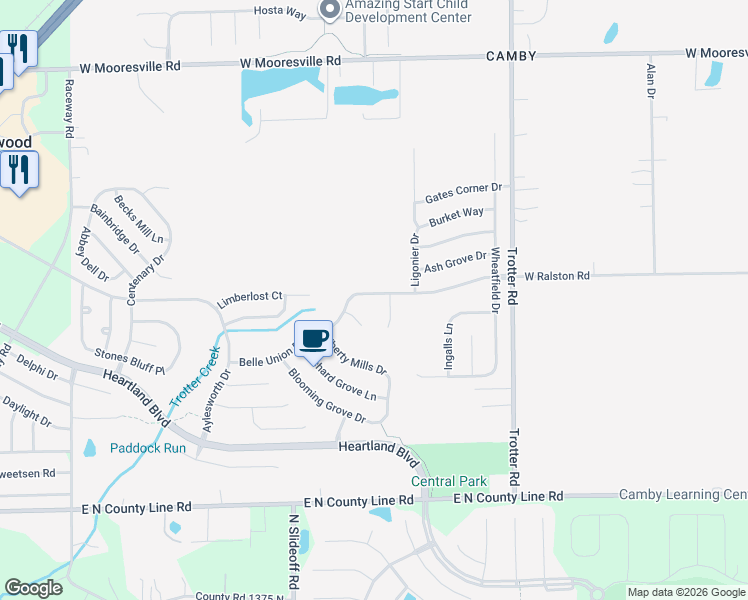 map of restaurants, bars, coffee shops, grocery stores, and more near 8621 Belle Union Drive in Indianapolis