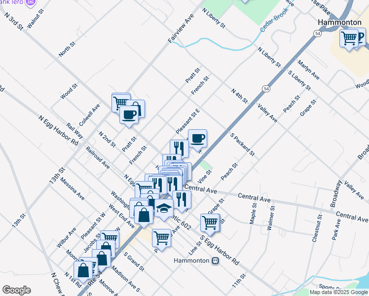 map of restaurants, bars, coffee shops, grocery stores, and more near 327 Orchard Street East in Hammonton