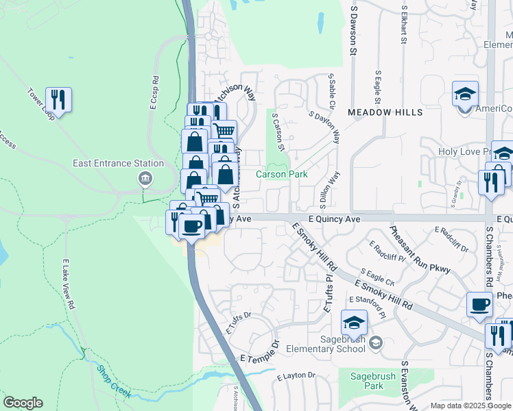 map of restaurants, bars, coffee shops, grocery stores, and more near 14055 East Quincy Avenue in Aurora