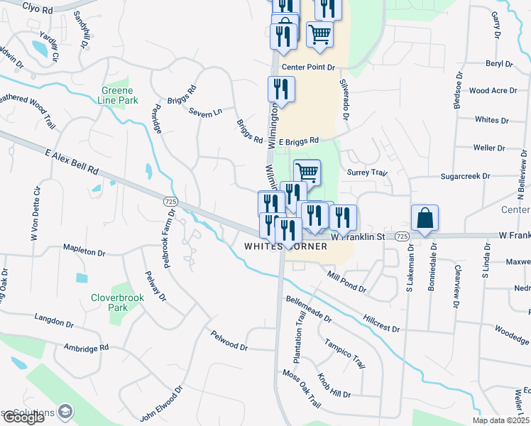 map of restaurants, bars, coffee shops, grocery stores, and more near Wilmington Dayton Pike in Dayton