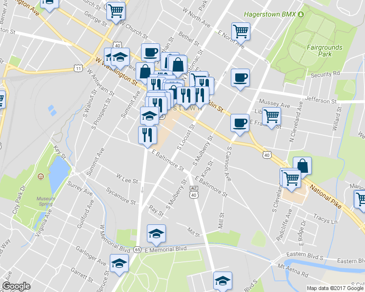 map of restaurants, bars, coffee shops, grocery stores, and more near 112 South Locust Street in Hagerstown