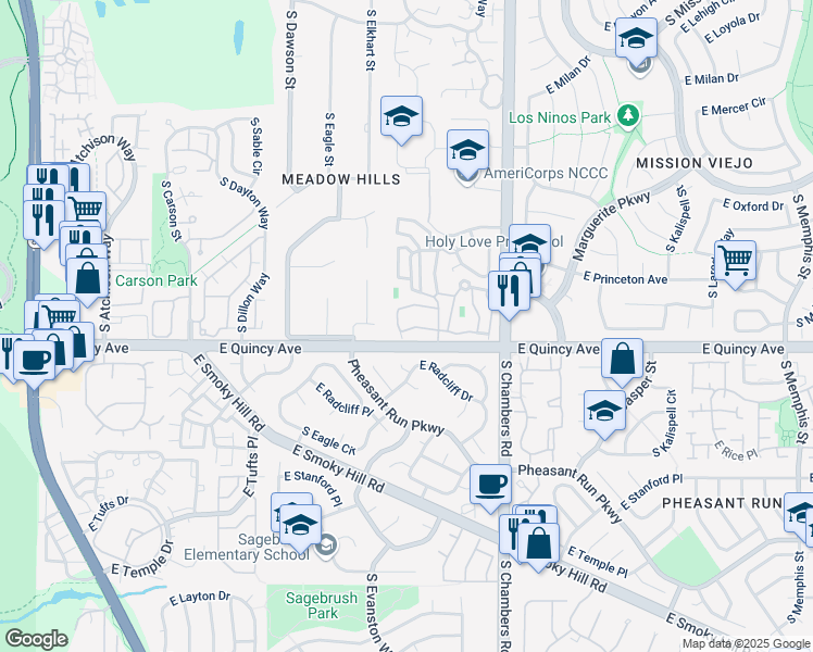 map of restaurants, bars, coffee shops, grocery stores, and more near 4282 South Fairplay Circle in Aurora
