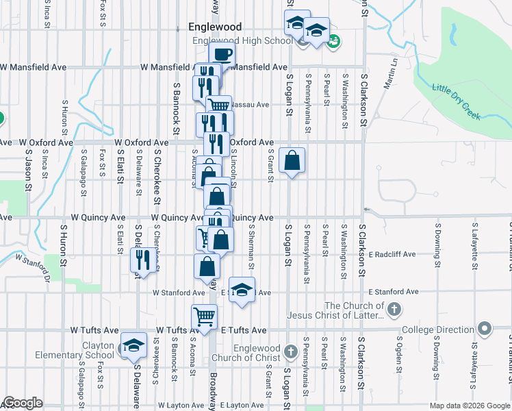 map of restaurants, bars, coffee shops, grocery stores, and more near 4266 South Sherman Street in Englewood