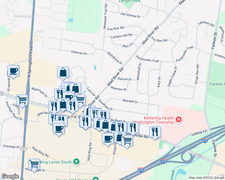 map of restaurants, bars, coffee shops, grocery stores, and more near 2372 Wymore Place in Dayton
