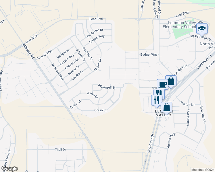 map of restaurants, bars, coffee shops, grocery stores, and more near 7575 Appenzell Street in Reno