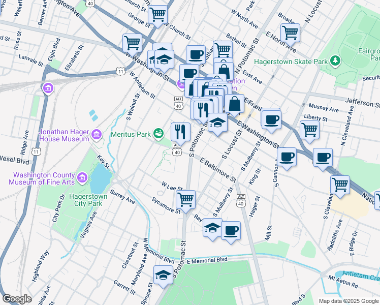 map of restaurants, bars, coffee shops, grocery stores, and more near 167 South Potomac Street in Hagerstown