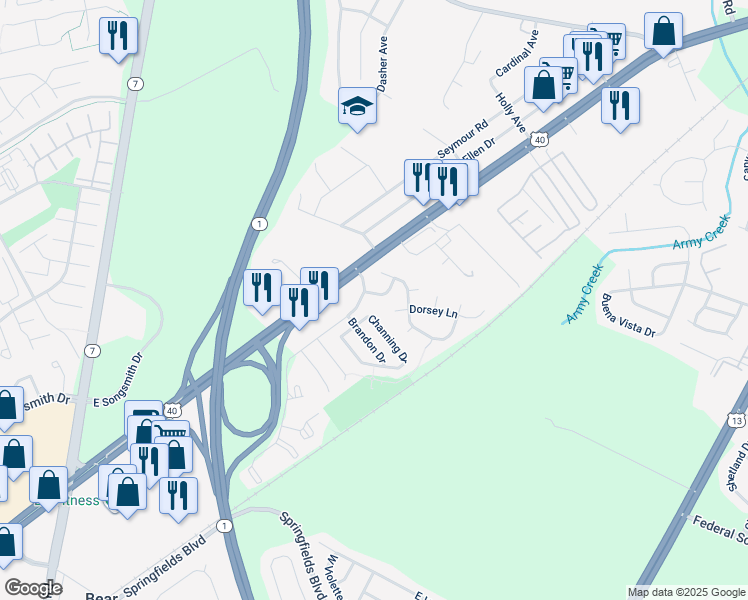 map of restaurants, bars, coffee shops, grocery stores, and more near 2 Douglas Drive in Bear