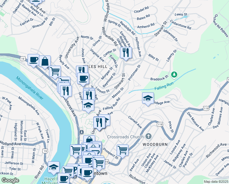 map of restaurants, bars, coffee shops, grocery stores, and more near 372 Stewart Street in Morgantown