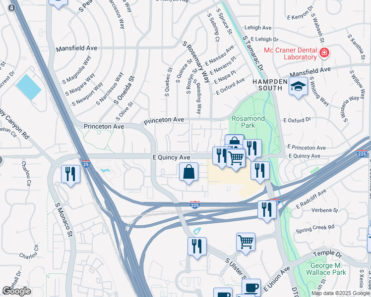 map of restaurants, bars, coffee shops, grocery stores, and more near 7645 East Quincy Avenue in Denver