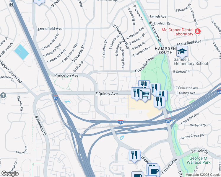 map of restaurants, bars, coffee shops, grocery stores, and more near 7615 East Quincy Avenue in Denver