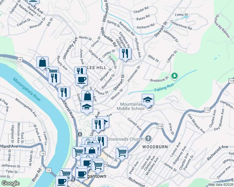 map of restaurants, bars, coffee shops, grocery stores, and more near 372 Stewart Street in Morgantown