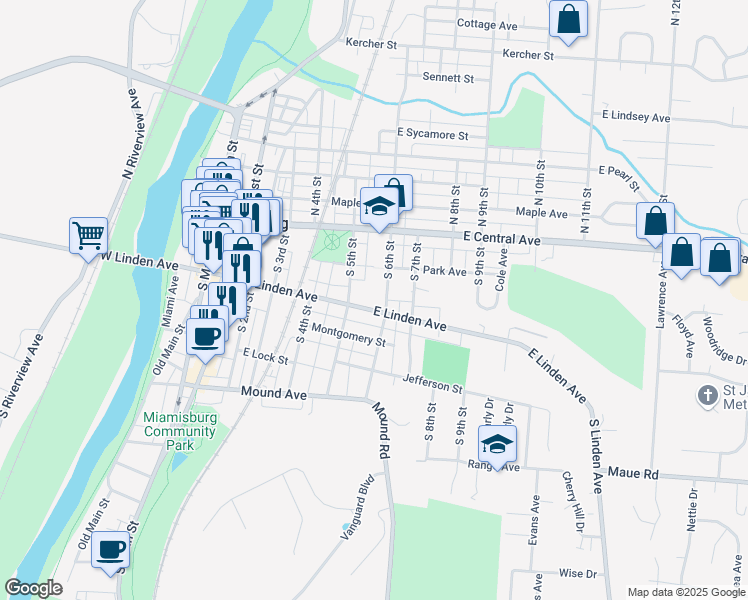 map of restaurants, bars, coffee shops, grocery stores, and more near 545 East Linden Avenue in Miamisburg