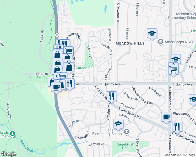 map of restaurants, bars, coffee shops, grocery stores, and more near 4295 South Cimarron Way in Aurora