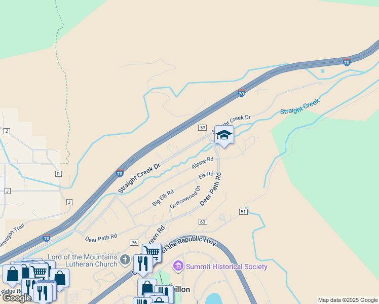 map of restaurants, bars, coffee shops, grocery stores, and more near 630 Straight Creek Drive in Dillon
