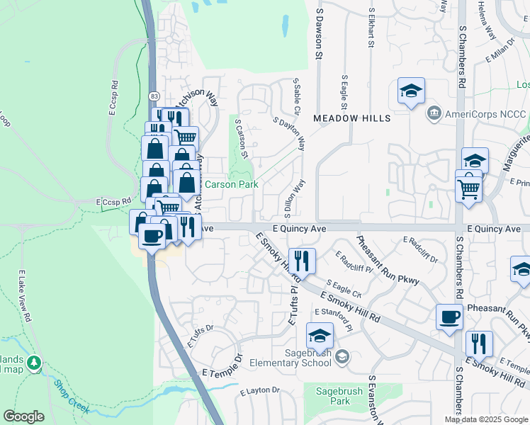 map of restaurants, bars, coffee shops, grocery stores, and more near 4295 South Cimarron Way in Aurora
