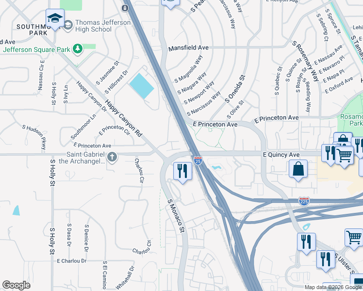 map of restaurants, bars, coffee shops, grocery stores, and more near 6522 East Quincy Avenue in Denver