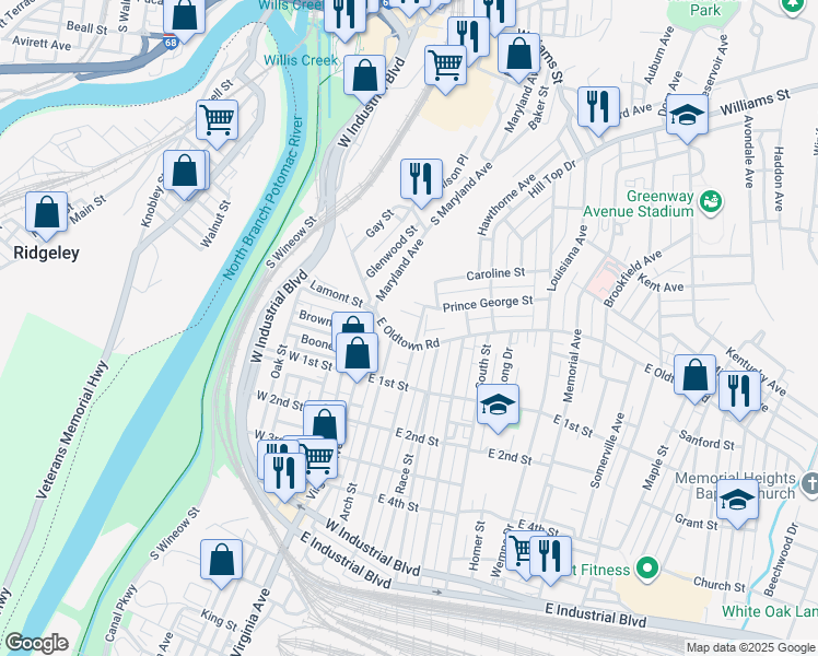 map of restaurants, bars, coffee shops, grocery stores, and more near 104 East Oldtown Road in Cumberland