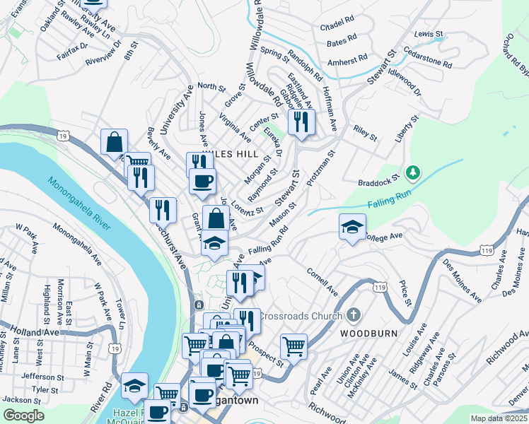 map of restaurants, bars, coffee shops, grocery stores, and more near 372 Stewart Street in Morgantown