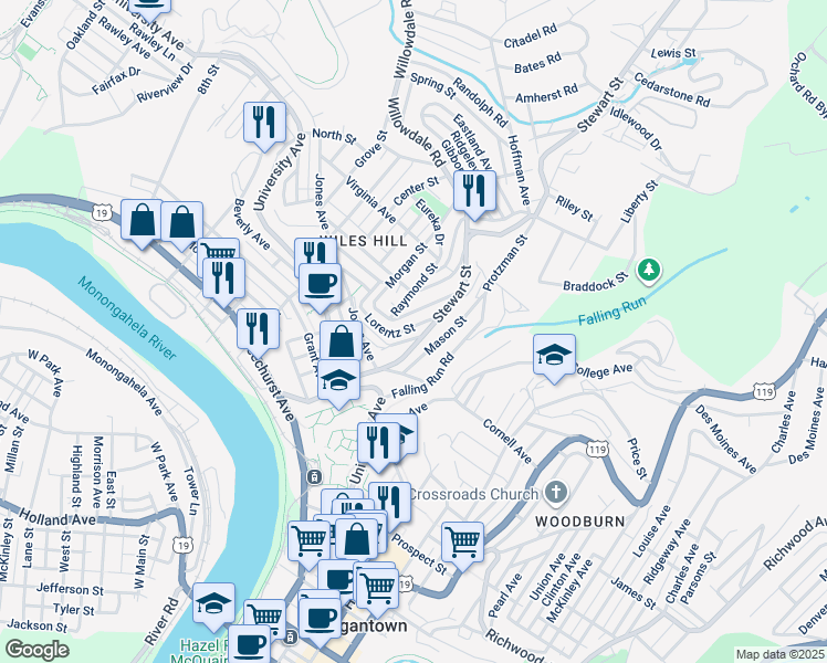 map of restaurants, bars, coffee shops, grocery stores, and more near 125 Lorentz Street in Morgantown