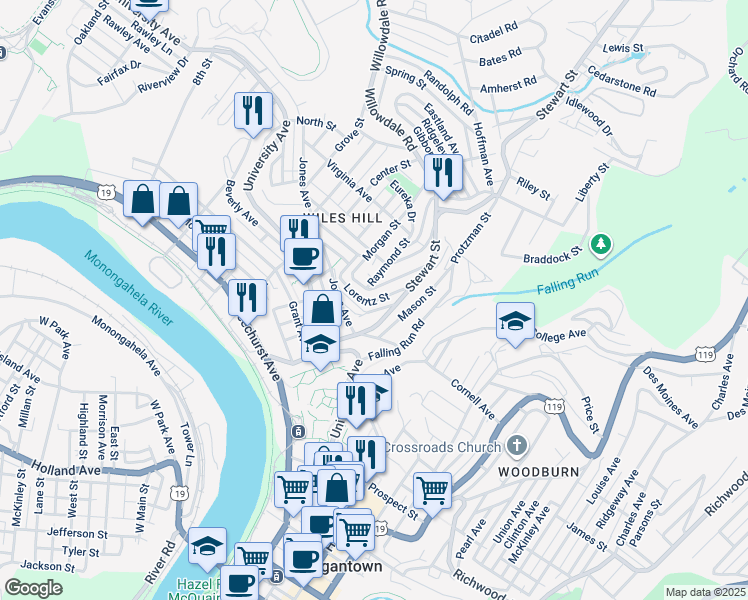 map of restaurants, bars, coffee shops, grocery stores, and more near 125 Lorentz Street in Morgantown