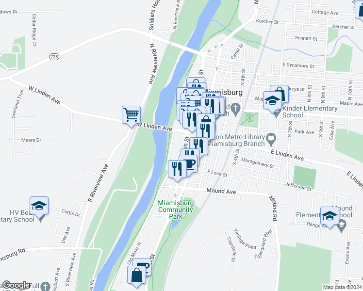 map of restaurants, bars, coffee shops, grocery stores, and more near 140 South Main Street in Miamisburg