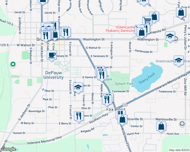 map of restaurants, bars, coffee shops, grocery stores, and more near 506-516 East Hanna Street in Greencastle